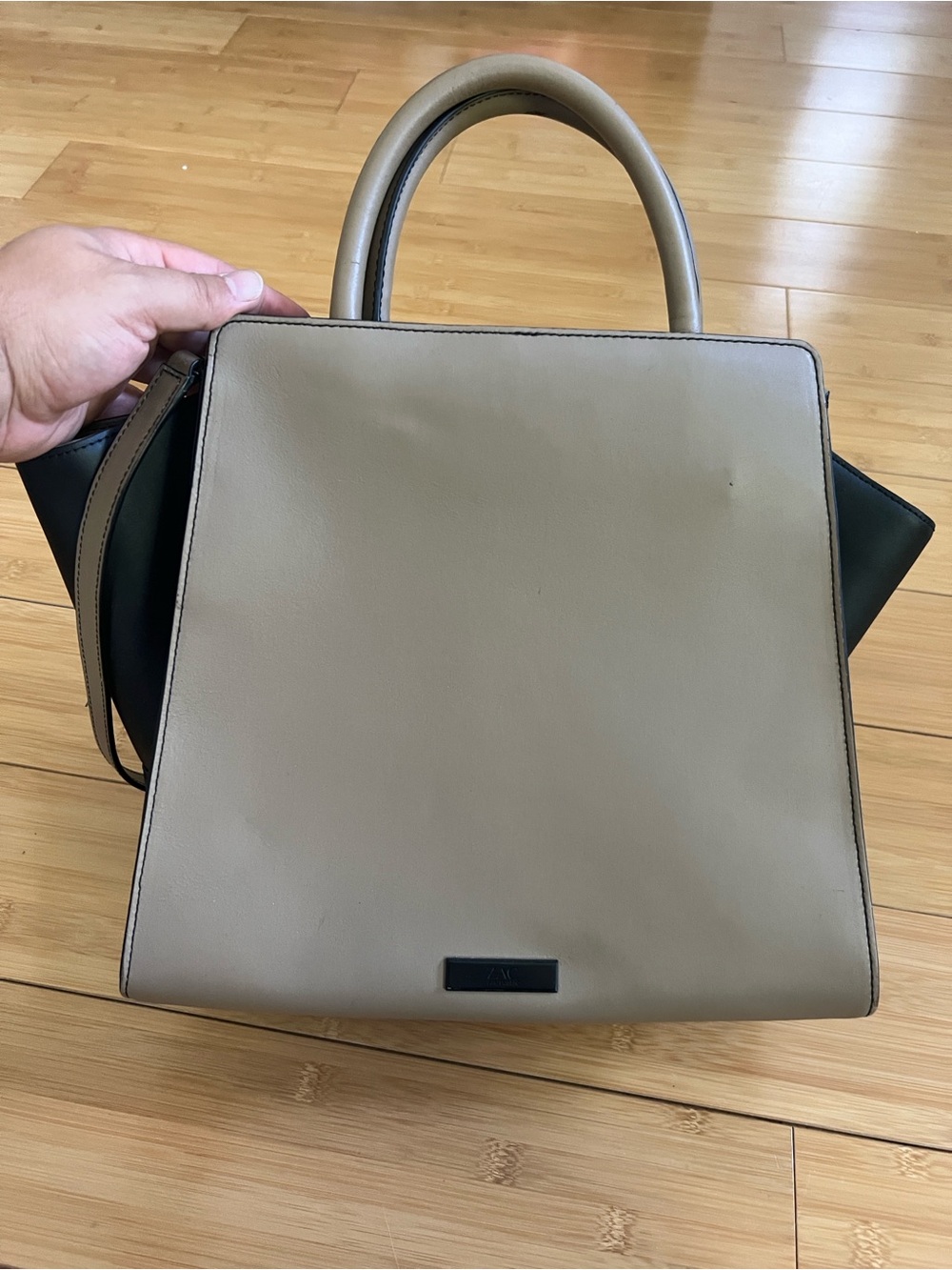 ZAC Zac Posen Taupe Handbag with Black Logo Plaque